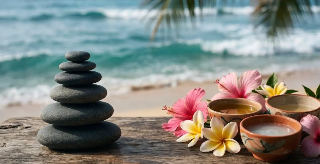 Composition symbolique évoquant la thérapie par le massage en bord de mer avec éléments naturels
