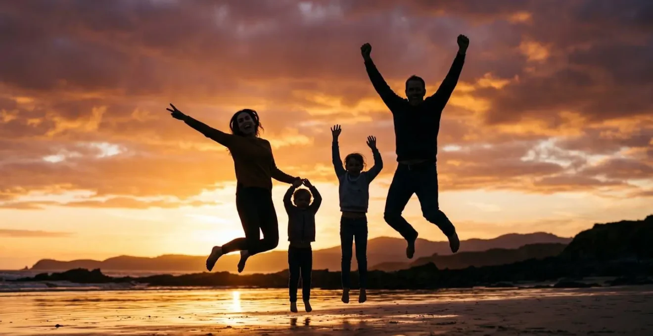 Moment de joie intense partagé en famille lors d'une activité marquante pendant les vacances