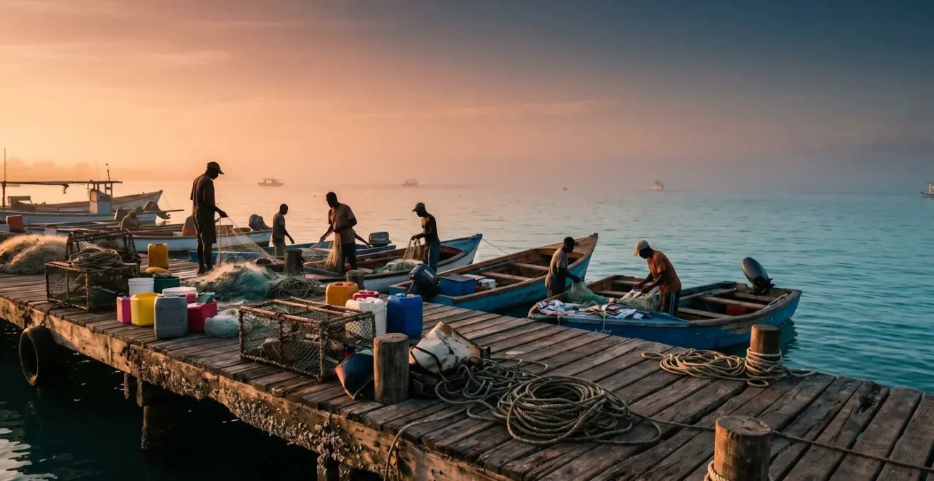 Scène matinale au port de pêche de Saint-François avec pêcheurs et poissons frais du jour