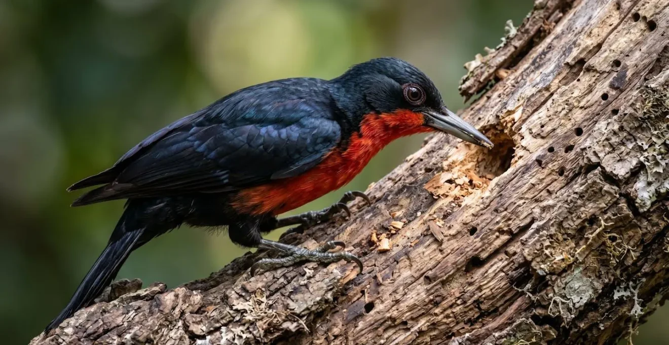 Gros plan détaillé du Pic de la Guadeloupe sur un tronc d'arbre mort montrant son plumage noir et rouge caractéristique
