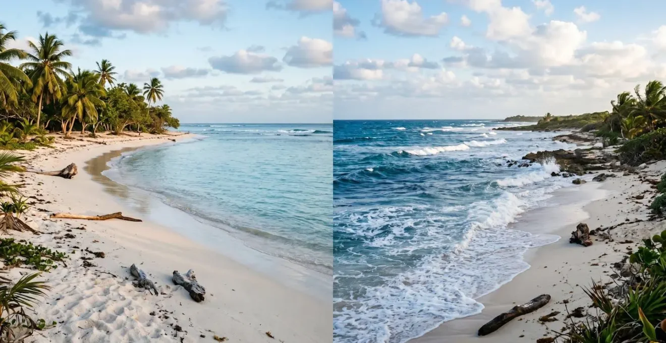 Plage de sable blanc déserte en Guadeloupe avec palmiers en bordure et mer turquoise cristalline, évoquant le choix entre Sainte-Anne et Saint-François