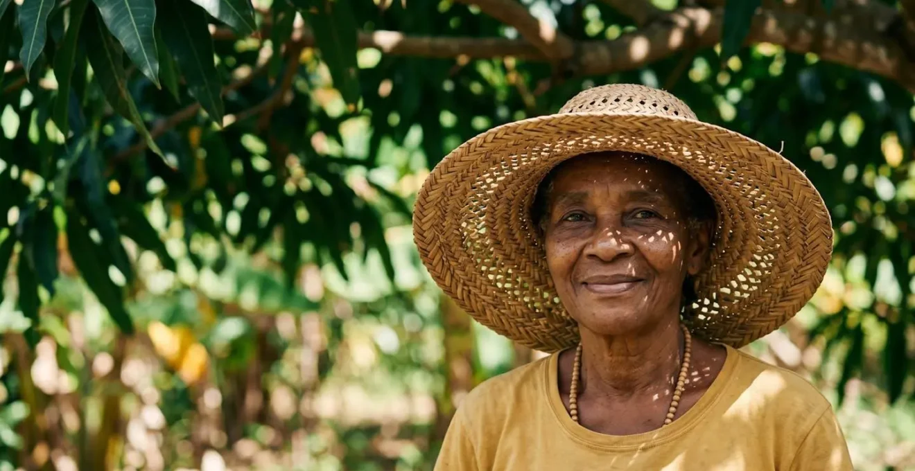 Portrait en contre-plongée d'une personne portant un chapeau bakoua traditionnel sous l'ombre tachetée d'un manguier tropical, lumière filtrée créant des motifs naturels