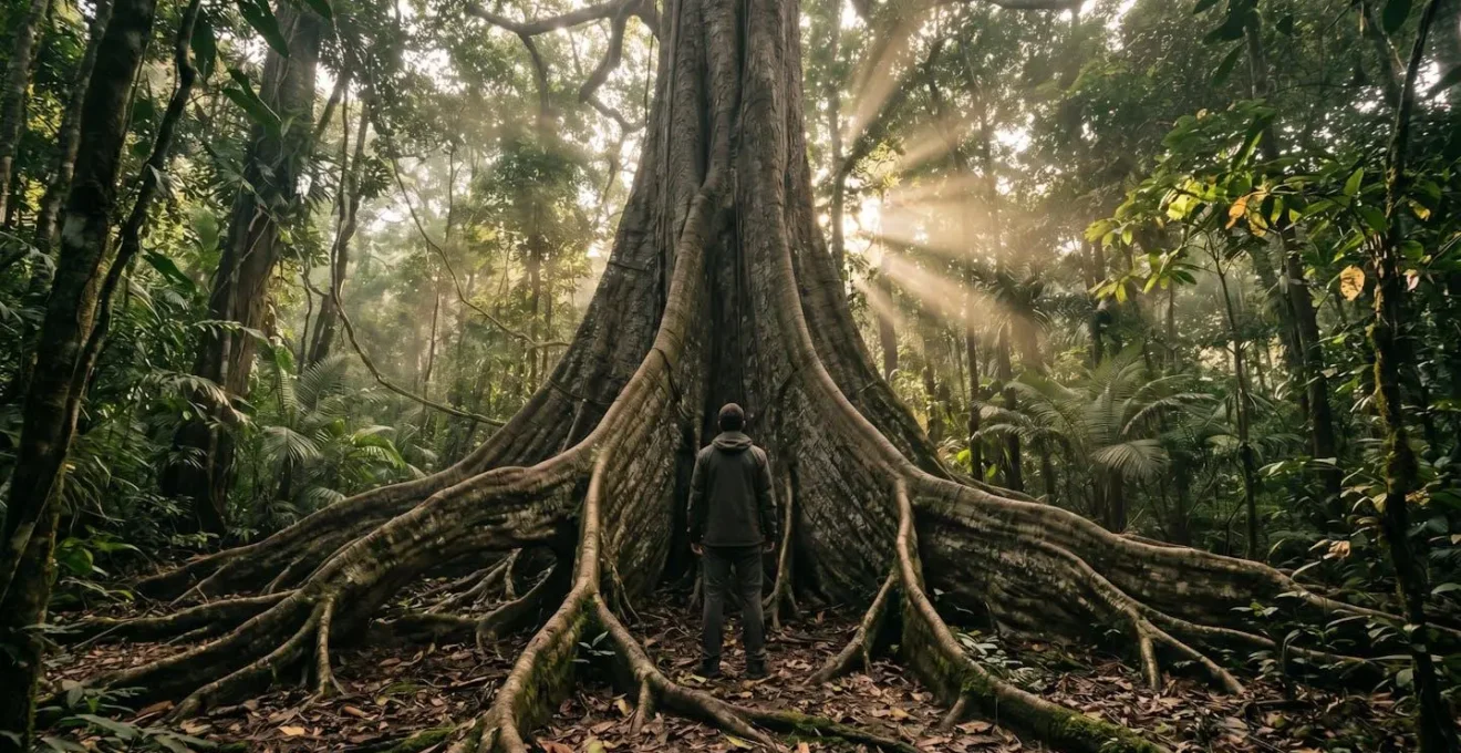 Imposantes racines en contrefort d'un fromager centenaire dans la forêt guadeloupéenne