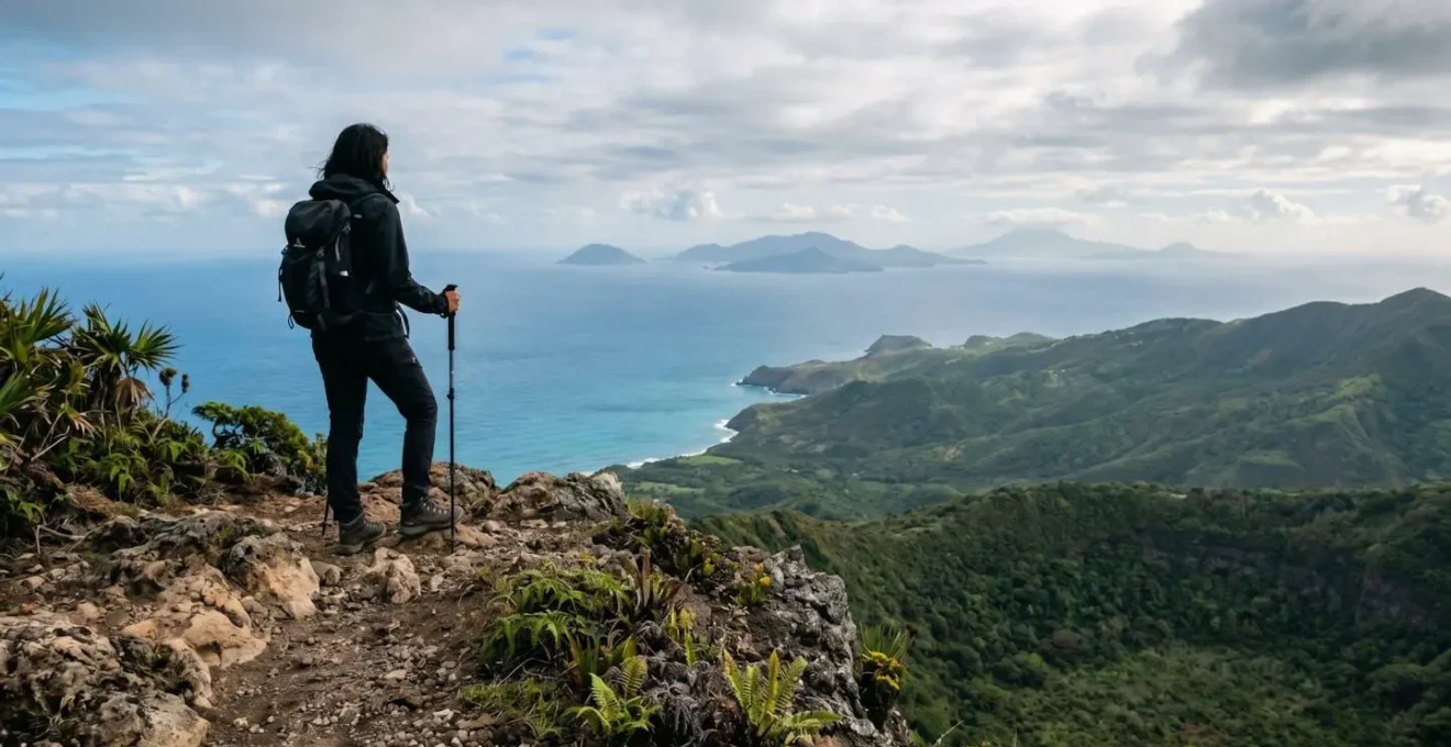 Silhouette de randonneur au bord du cratère de la Citerne contemplant le panorama à 360 degrés sur l'archipel guadeloupéen
