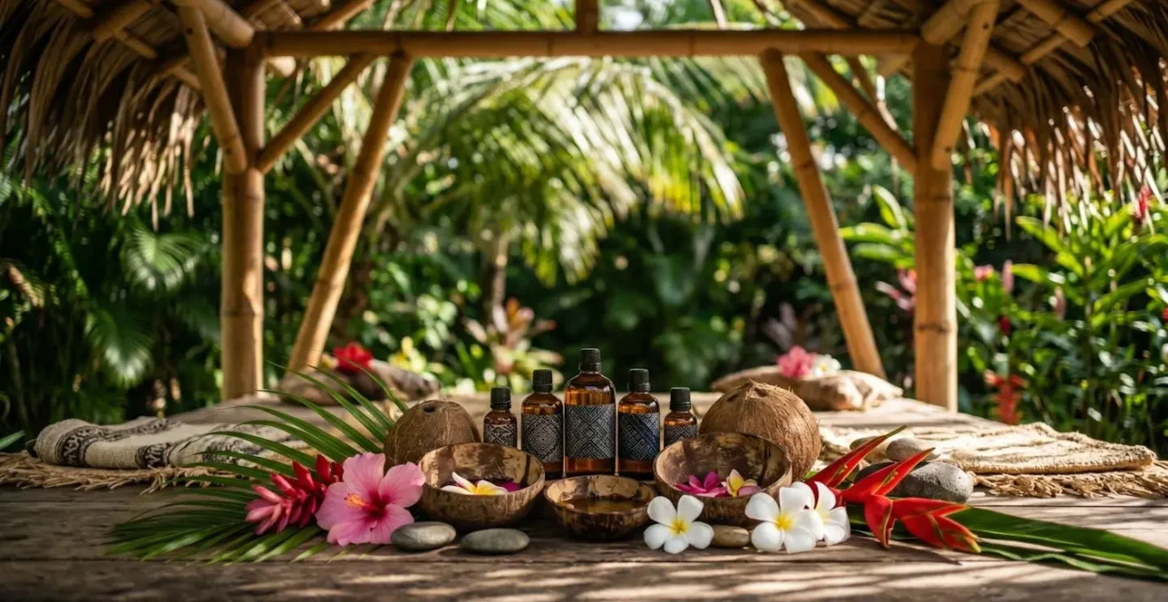 Espace spa extérieur dans un carbet traditionnel guadeloupéen, massage aux huiles naturelles avec vue sur jardin tropical