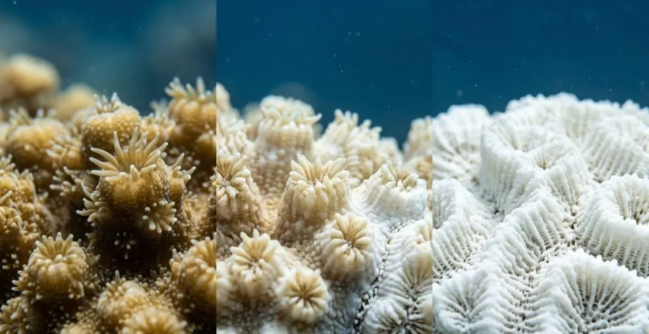 Gros plan sur un corail montrant différents stades de blanchissement du pâle au blanc