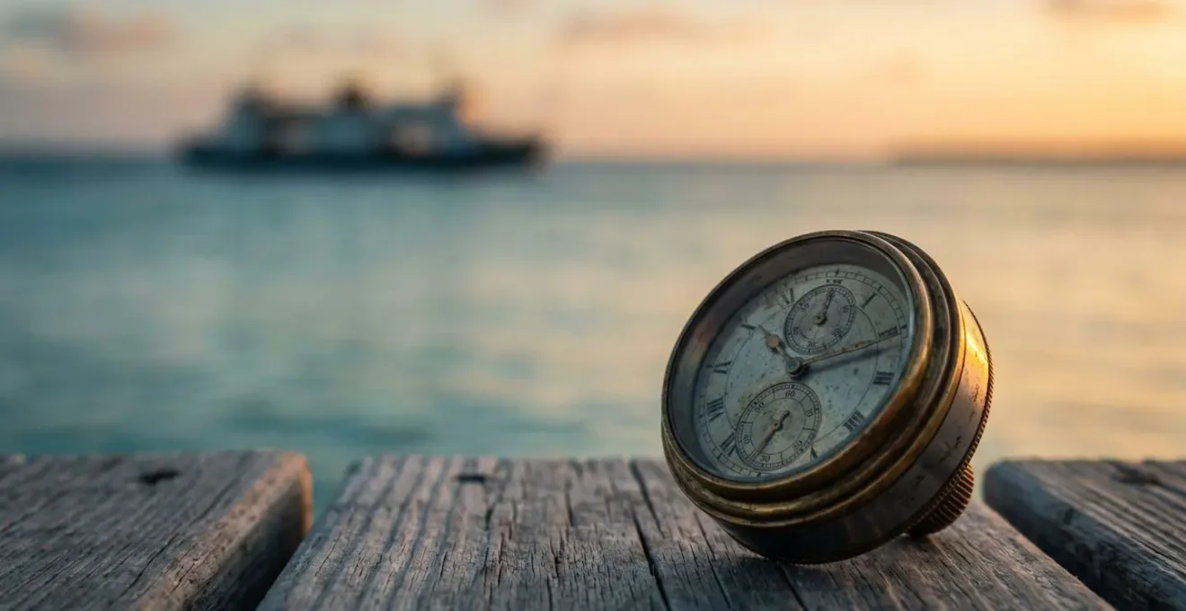Horloge maritime et horizon océanique au lever du soleil symbolisant l'optimisation du temps de voyage