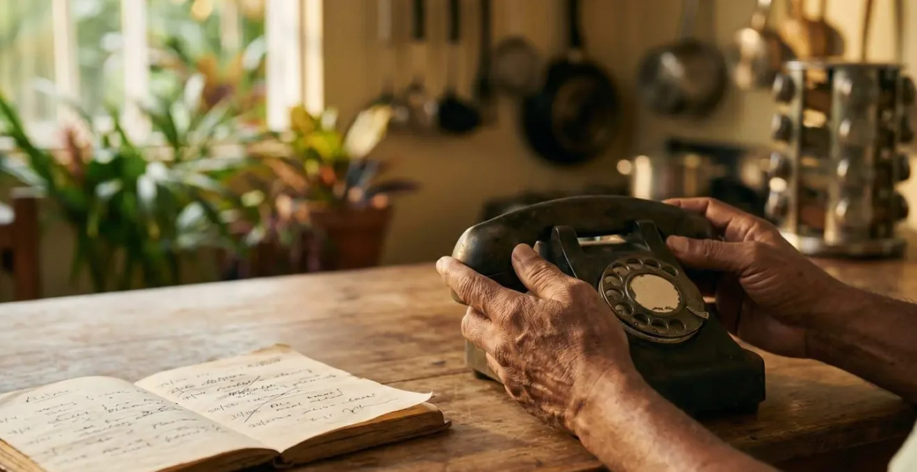 Téléphone et carnet manuscrit dans une cuisine créole chaleureuse avec lumière naturelle