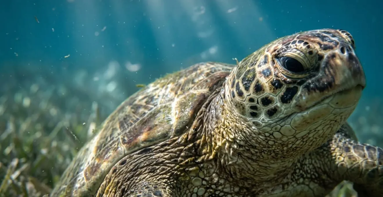 Gros plan sur une tortue marine verte nageant paisiblement dans un herbier sous-marin, montrant la fragilité de son mucus protecteur